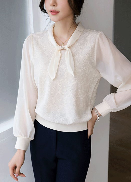 Mixed Media Chiffon Tie-Neck & Sleeve Jacquard Knit Top w/ Ribbon Brooch