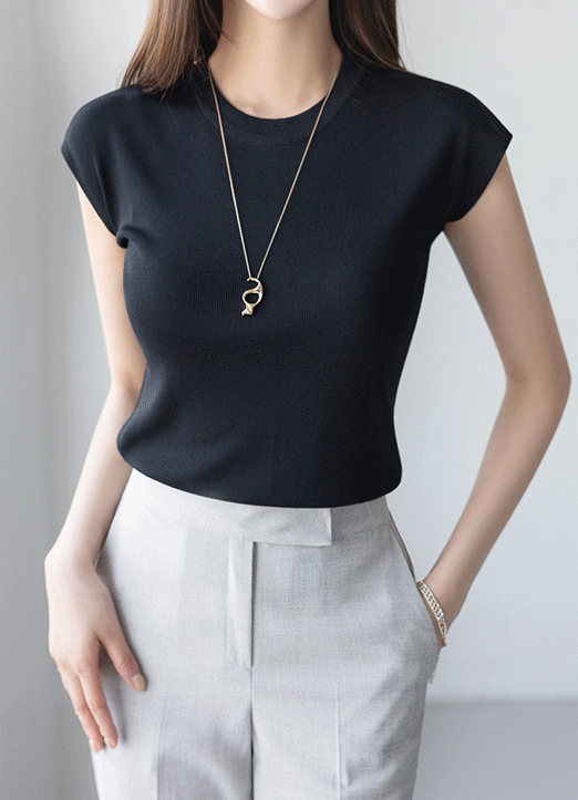 [LouisAngel] Simple Round Neck Cap Sleeve Knit Top