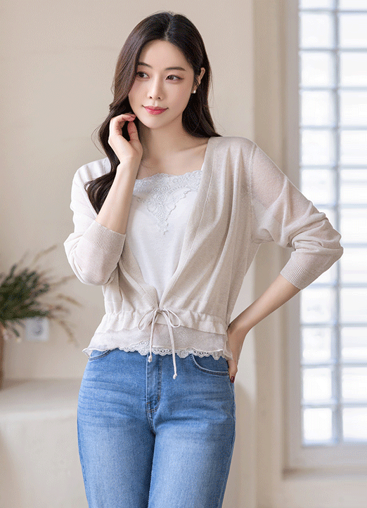 Drawstring Hem Sheer Open Knit Cardigan
