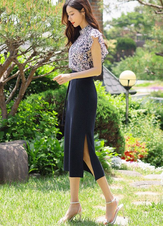 [LouisAngel] High Waist Sophiscated Slit Skirt w/ Belt