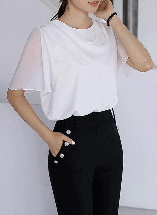 Chiffon Draped Neck Flare Short Sleeve Blouse