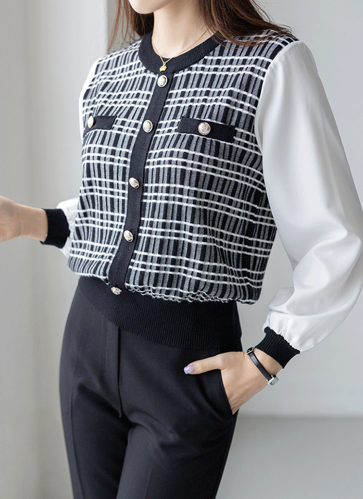 Mixed Media Ribbed Edge Check Jacquard Knit Top