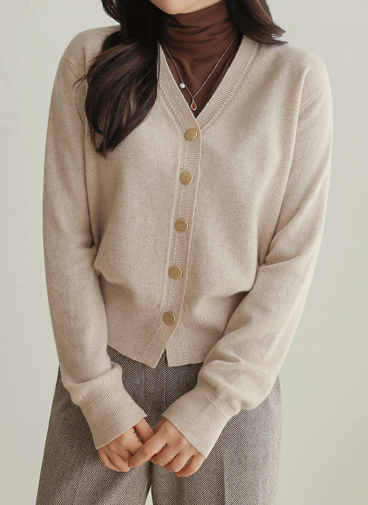 Gold Button V-Neck Wool Knit Cardigan