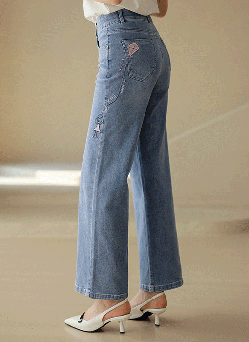 Playful Drawing Embroidered Wide Jeans