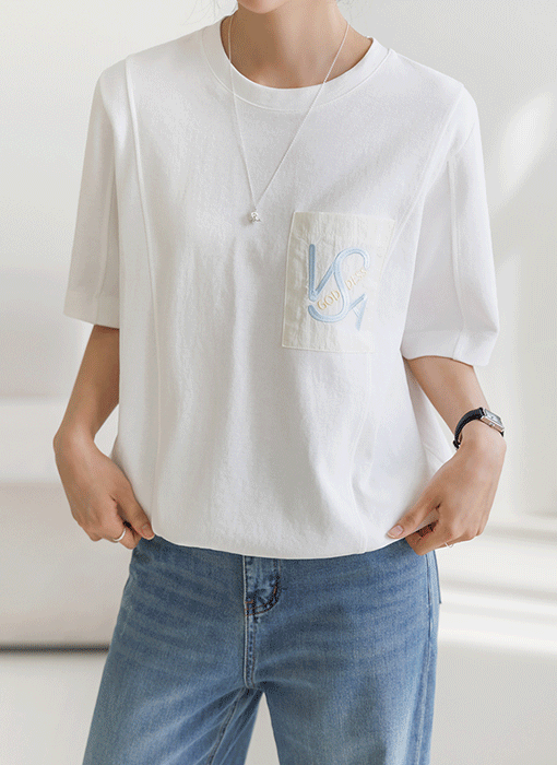 [The Onme] Drawstring Hem Contrast Pocket Tee