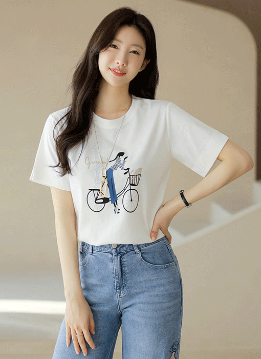 [Louis Angel] Girl on a bike Patch Hotfix Detail T-shirt