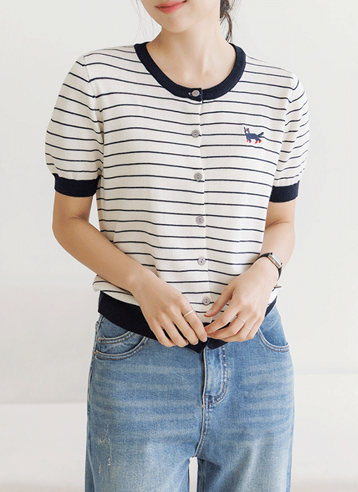 [The Onme] Casual Kitty Stripes Knit Cardigan