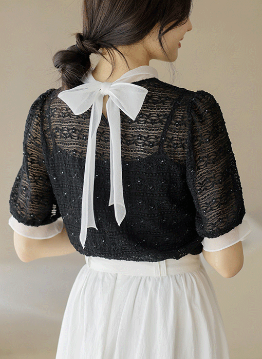 [LouisAngel] Moonlit Lace Contrast Blouse