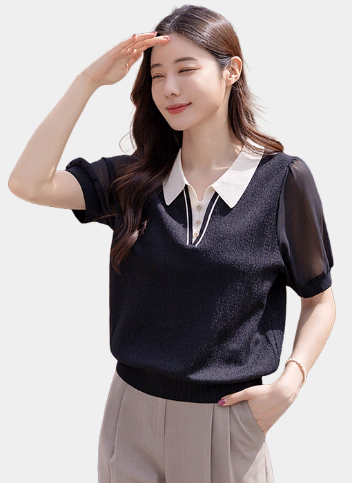 [LouisAngel] Contrast Collar Chiffon Short Sleeve Knit Top