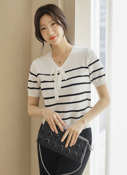 Striped Accent Tie-Neck Knit