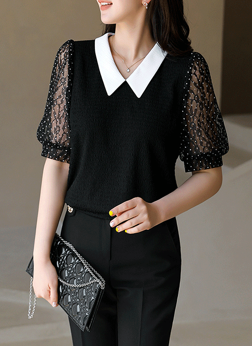 [LouisAngel] Noir Lace Contrast Collar Blouse