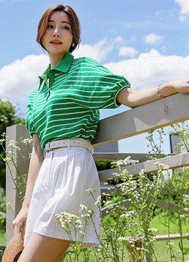 Candy Stripe Collared Balloon Shoulder Top
