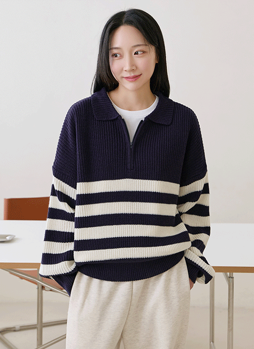 [The Onme] Urban Stripe Half-Zip Knit 
