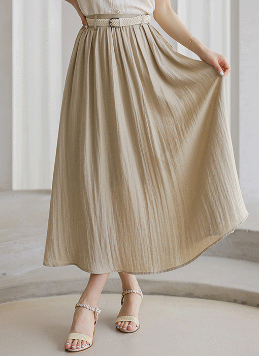 Crinkle Flare Linen Blend Skirt w/ Belt