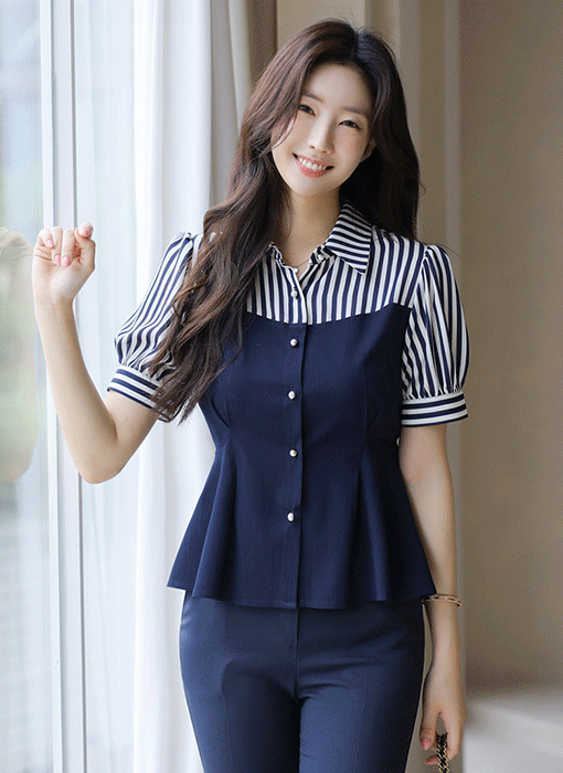 [LouisAngel] Dual-Tone Stripe Peplum Blouse