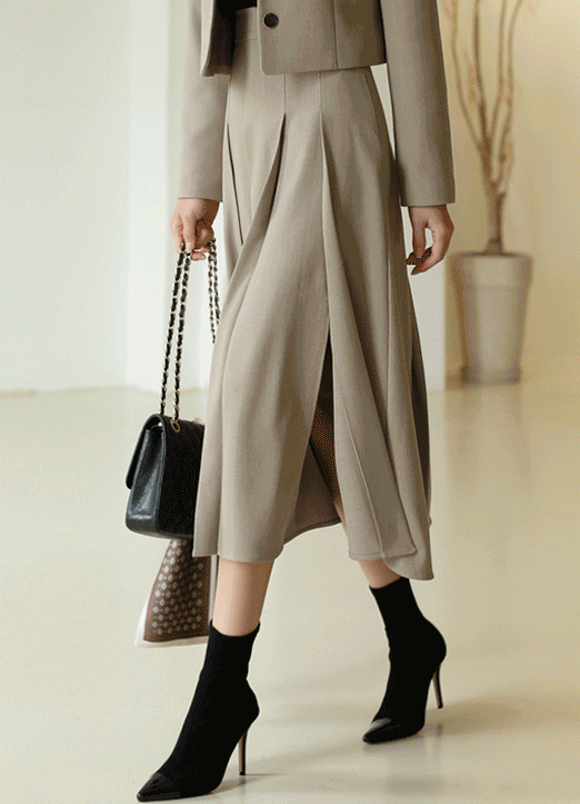 [Louis Angel] Elastic Waist Back Hidden Side Slit Pleats Skirt
