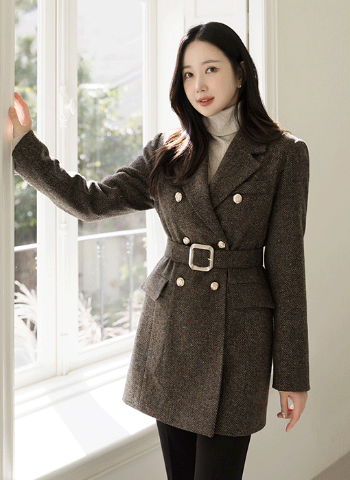 [LouisAngel] Wool50 Double Breasted Herringbone Coat w/ Belt
