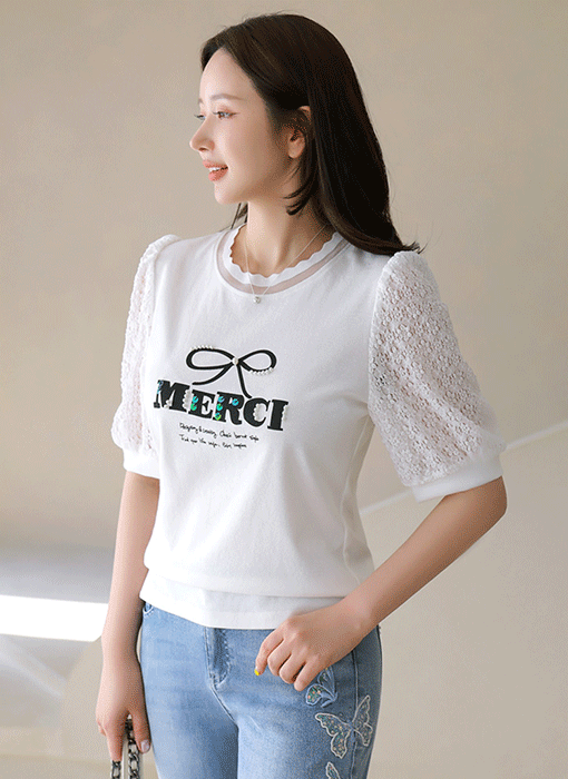 [LouisAngel] MERCI Ribbon Lace Sleeve Tee