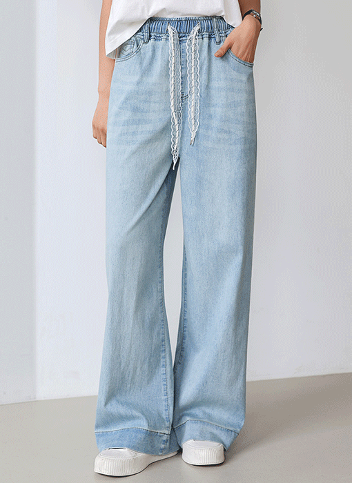 [The Onme] Lace Tie Straight Wide Jeans