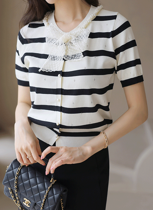 Striped Pearl Lace Bow Knit Cardigan
