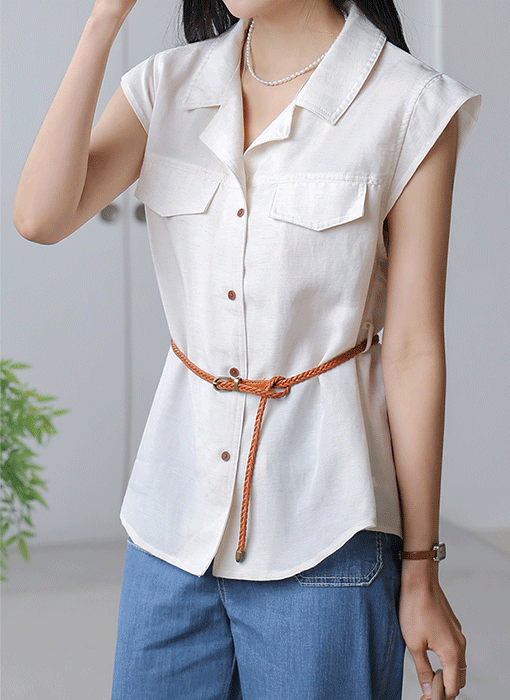 [The Onme] Cap-Sleeve Belted Shirt Blouse