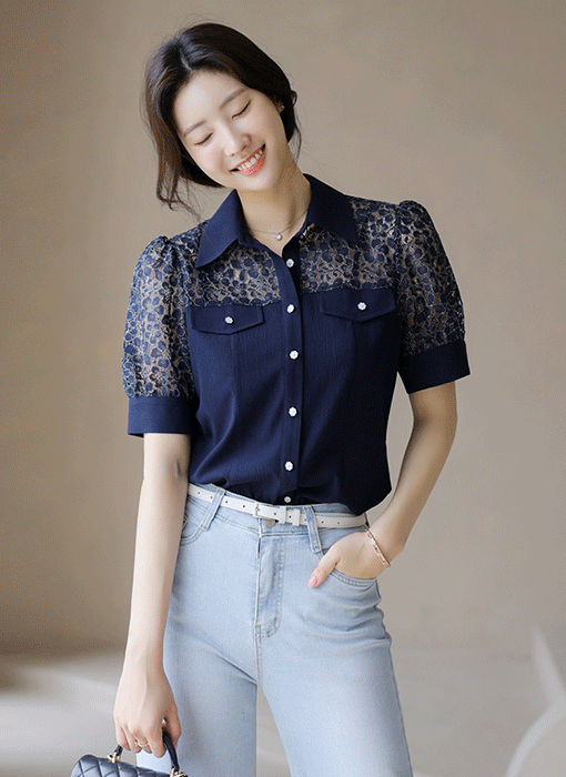 [LouisAngel] Navy Sheer Grace Blouse