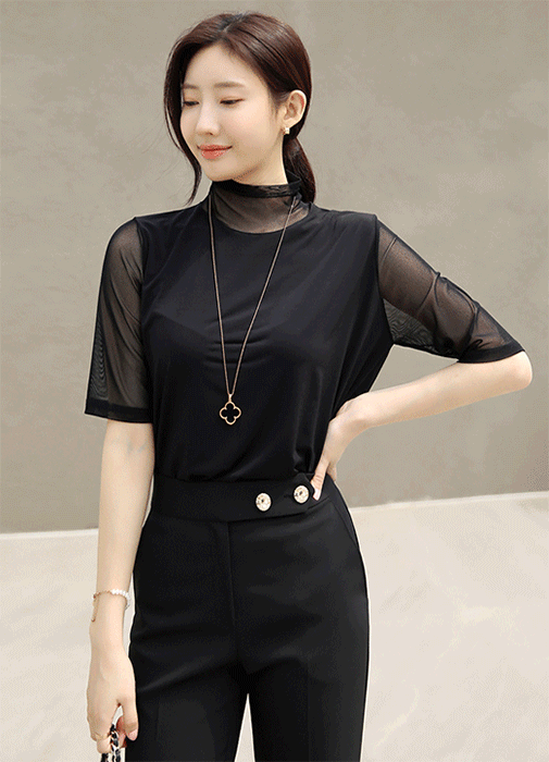 (4 Colors) Mesh High Neck & Sleeve Soft Touch Top