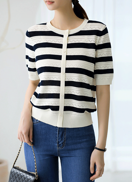 Faux Button Stripe Knit Top