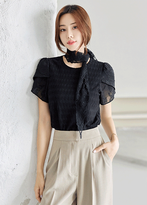 [Louis Angel] Mixed Media Tulip Chiffon Sleeve Textured Top
