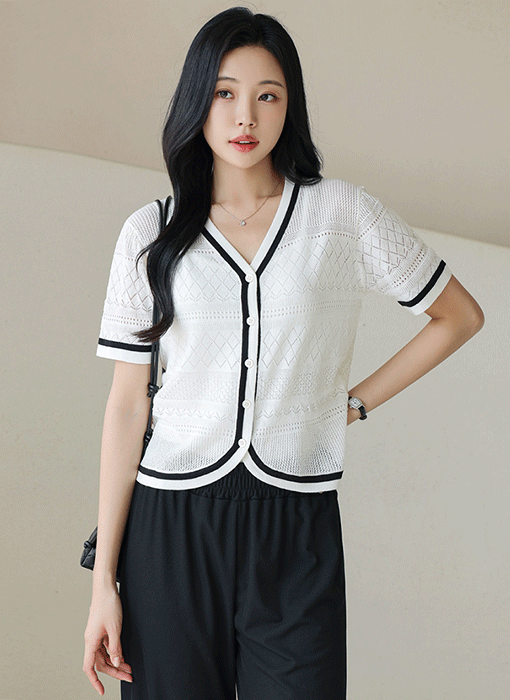 [The Onme] Linen Breeze Contrast Knit Cardigan