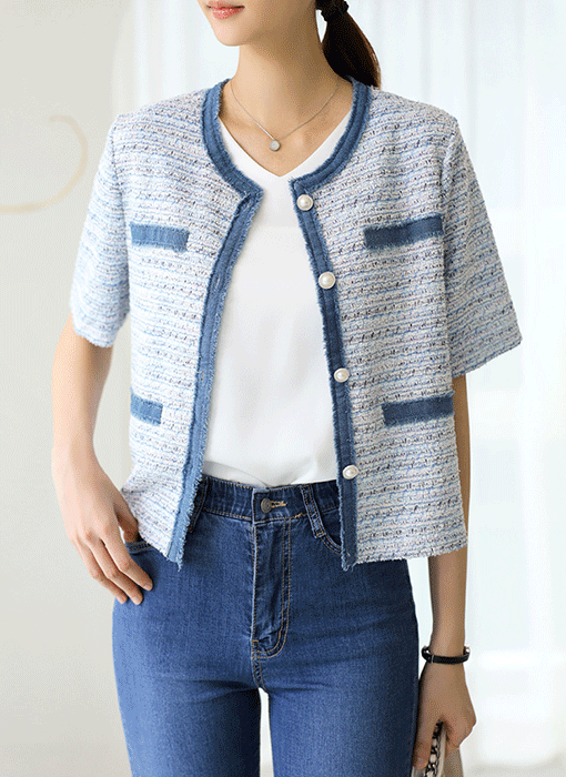 Denim Accent Metallic Tweed Jacket