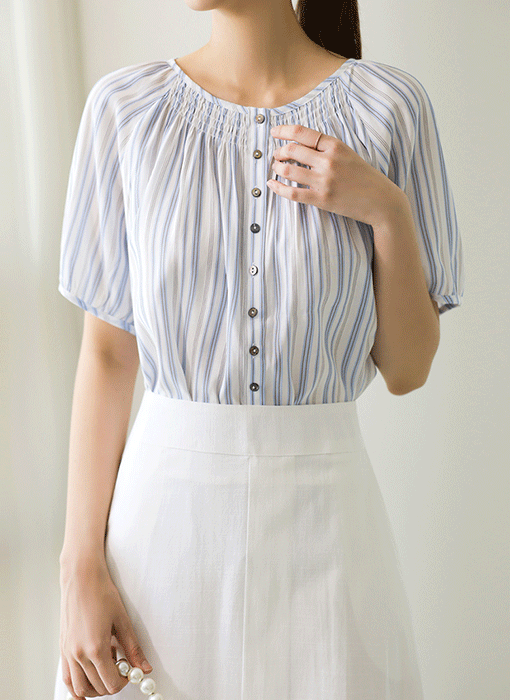 Smocked Stripe Volume Blouse