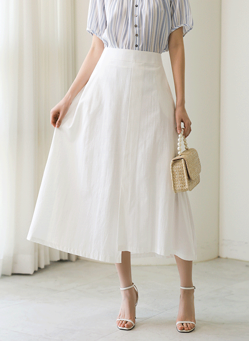 (4 Colors) Unbalanced Hem Front Slit Flare Skirt