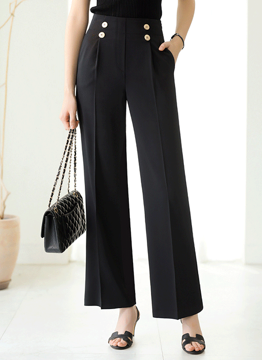 High Rise Double Button Accent Wide Slacks