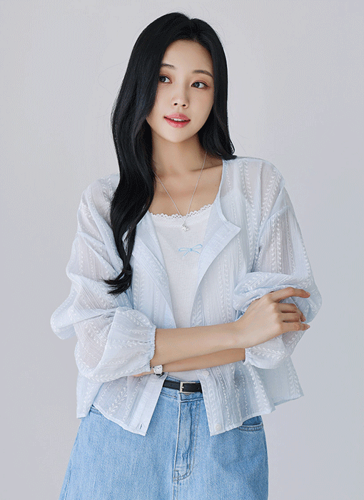 [The Onme] Airy Embroidered Shirt & Lace-Trim Cami SET