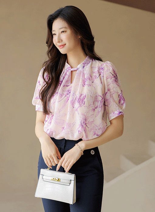 Soft Bloom Slit-Neck Chiffon Blouse