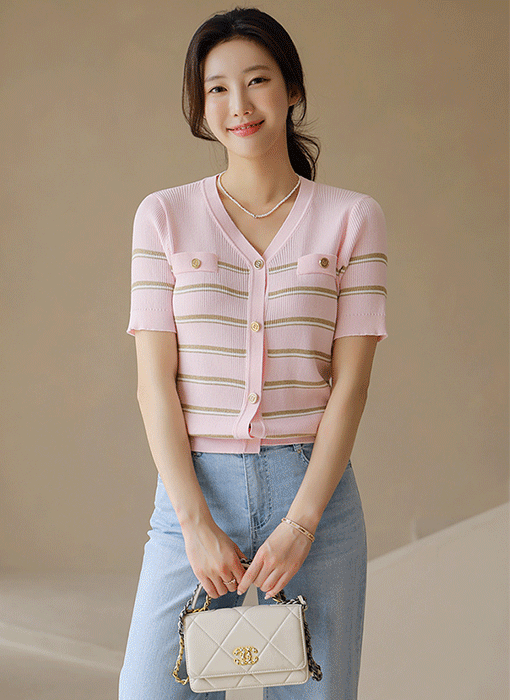V-Neck Metallic Striped Knit Cardigan