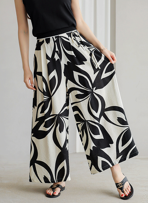 Floral Drawing Wide-Leg Pants