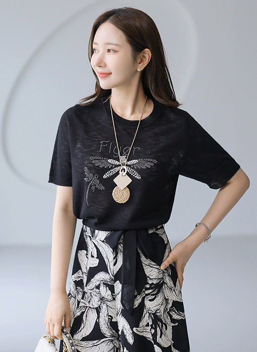(5 Colors) Embellished Dragonfly Slub Knit Top