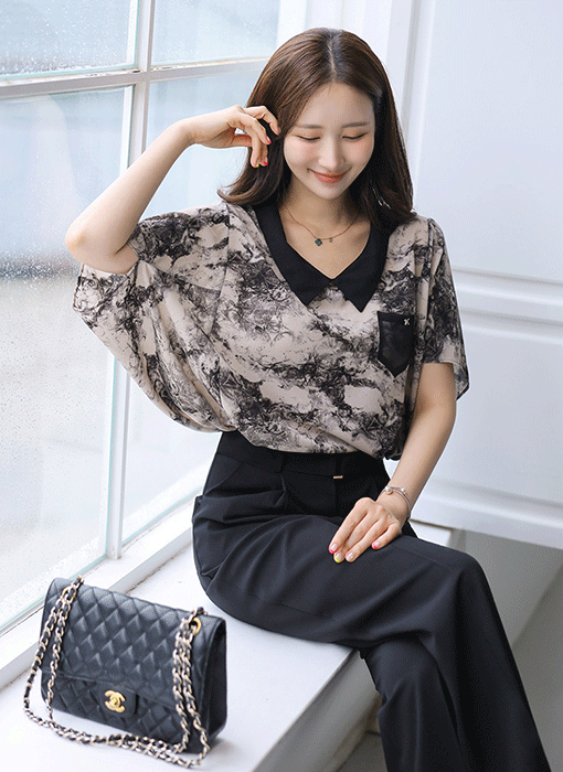 Artistic Print Dolman Fit Chiffon Blouse