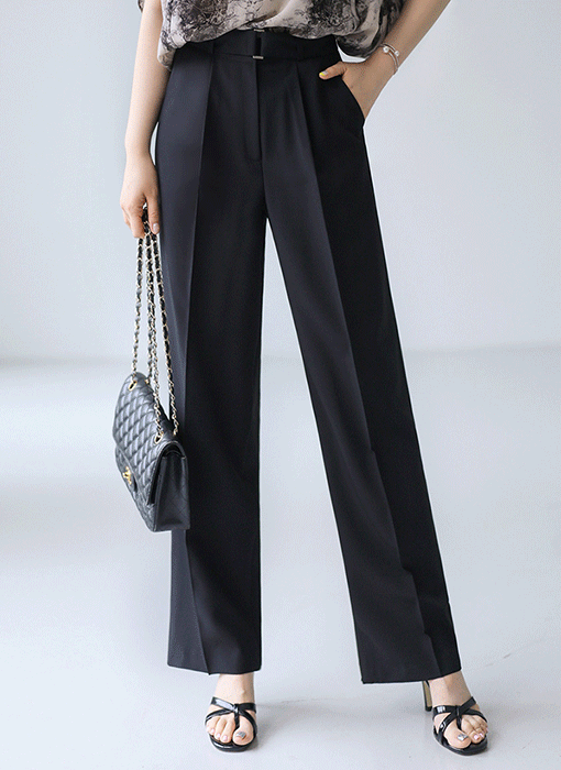 High Waist Stretch Pintuck Wide Slacks w/ Belt