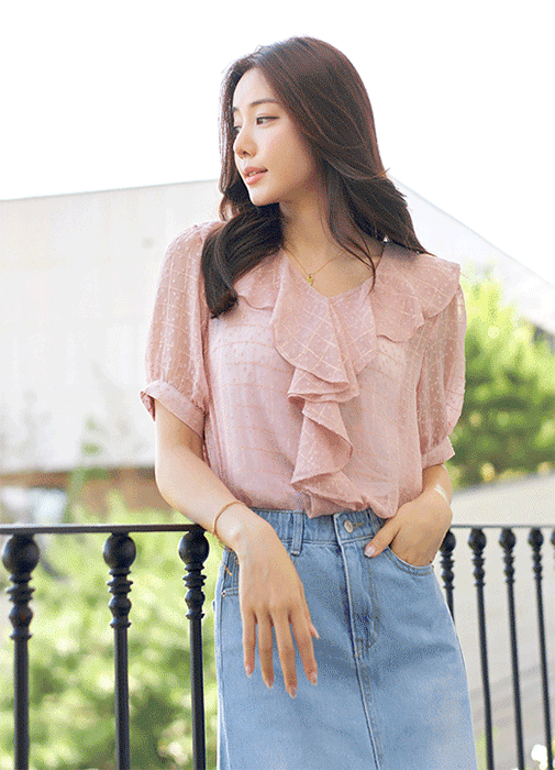 [Louis Angel] dmetallic Check Jacquard Ruffle Chiffon Blouse
