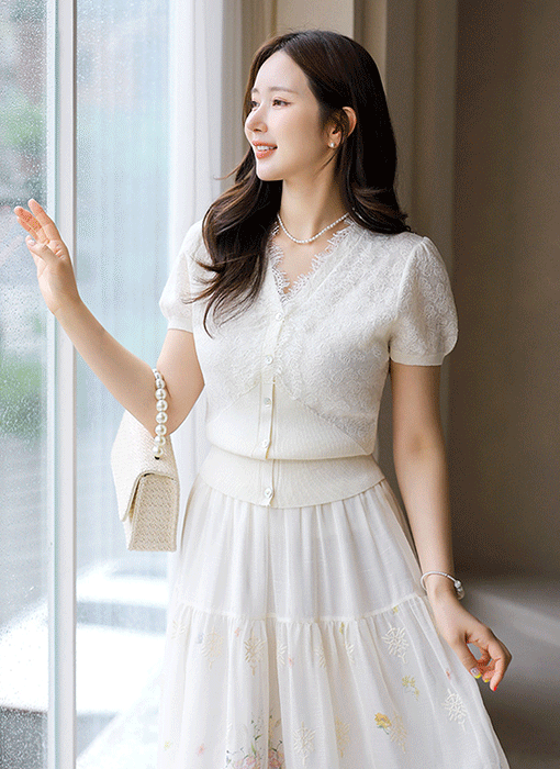 Feminine Lace Trim Jacquard Knit Cardigan 