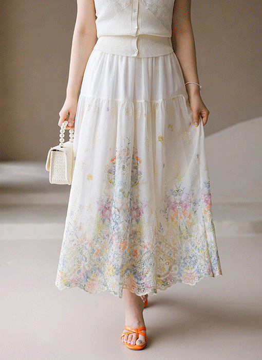 Pastel Floral Embroidered Flare Skirt