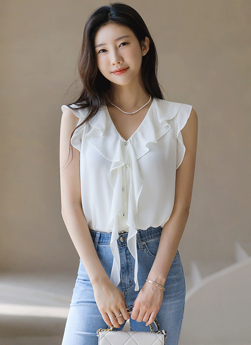 Ruffle V-Neck Sleeveless Blouse