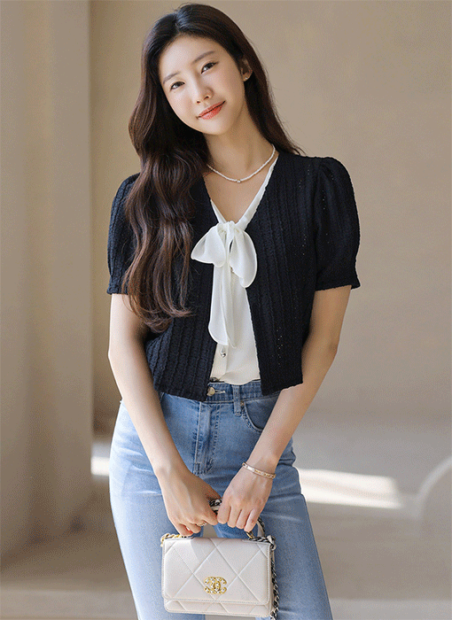 Puff Sleeve Textured Eyelet Cardigan Jaqcket