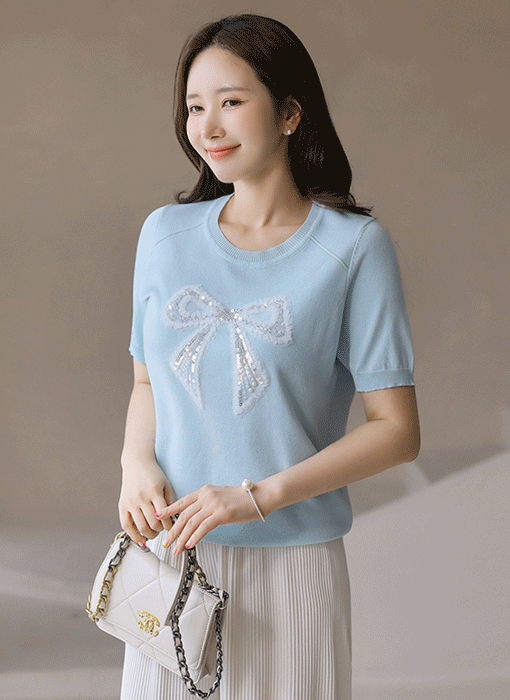 (5 Colors) Embellished Bow Soft Knit Top