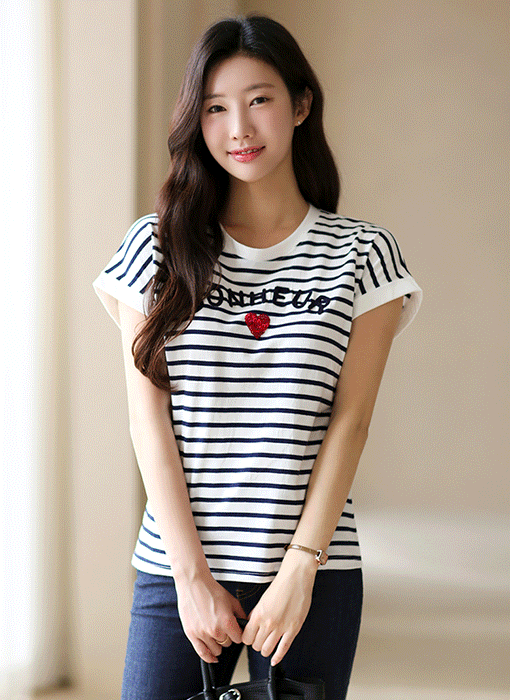 Sequin Heart Lettering Striped Tee