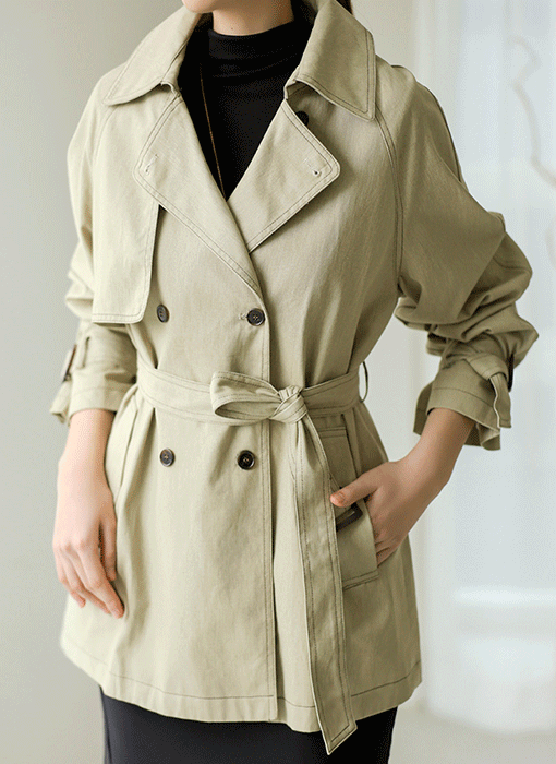 Contrast-Stitch Double Trench Coat