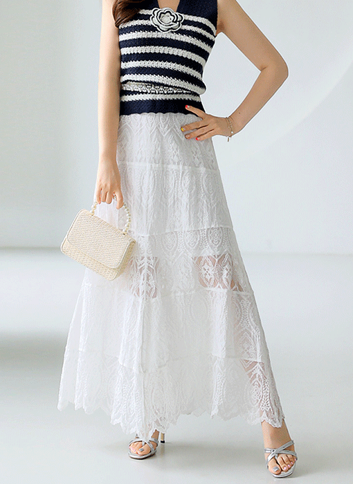 Embroidered Lace Tiered Maxi Skirt